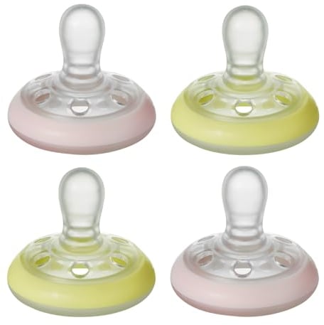 Tommee Tippee Closer to Nature natürlich geformter Beruhigungssauger für die Nacht, 0-6 Monate, 4er-Pack, gelb und rosa, mehrfarbig