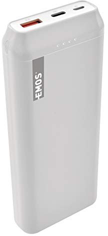 EMOS AlphaQ20 Powerbank 20000mAh, Quick-Charge Externer Akku mit USB-C + Micro USB Kabel, Passthrough, mit 2 Output und 2 Inputs für Handy, Smarthone, Tablet (Samsung, Huawei, iPhone), Weiß