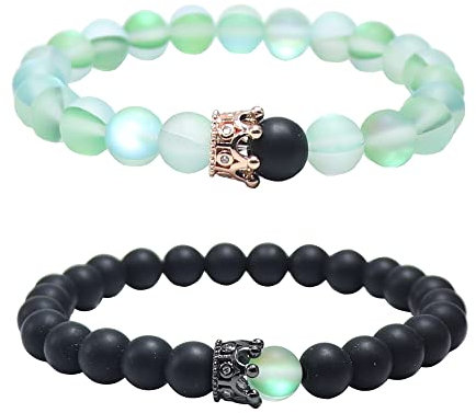 UEUC Paar Distanz Armbänder mit CZ Crown King & Queen Seine Freundschaft Schwarz Matt Achat Stein 8mm