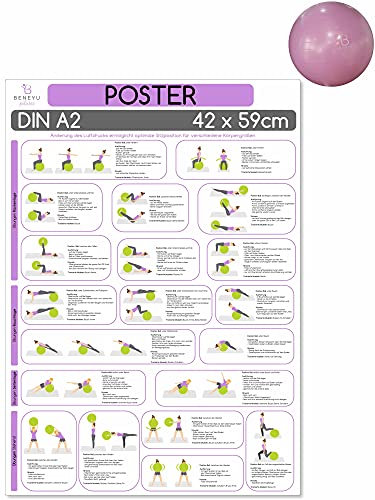 beneyu ® Pilates Poster für Pilates Ball & Gymnastikball groß in Deutsch, DIN A2 (60x42cm) Klimaneutrale Produktion - (auf A4 gefalzt) (gefalten, DIN A2) (DIN aA2, gefalten)