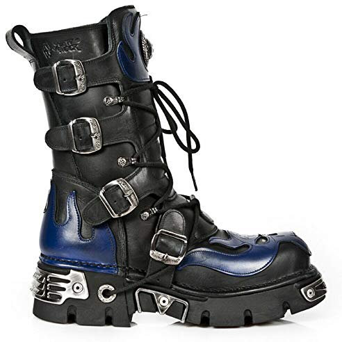 New Rock 107-C5 Stivali Unisex in Pelle Blu e Nera con Teschio Gotico Stile Motociclista Punk 46