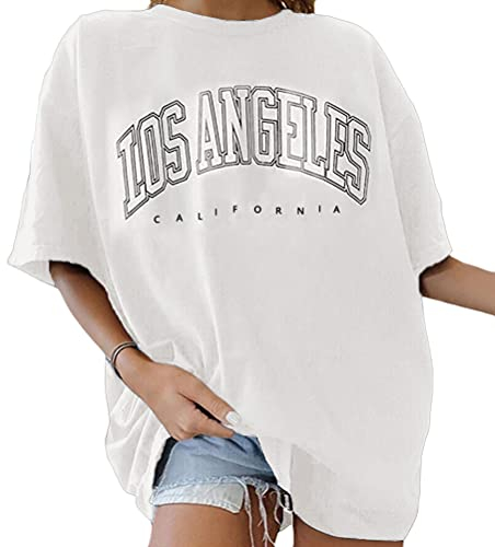 Tomwell Vintage Oberteile Damen Oversized Tshirt Lustig Streetwear Sportshirt Kurzarm Sport Oberteile Sweatshirt Rundhals Teenager Mädchen Top Lang Weiß XXL