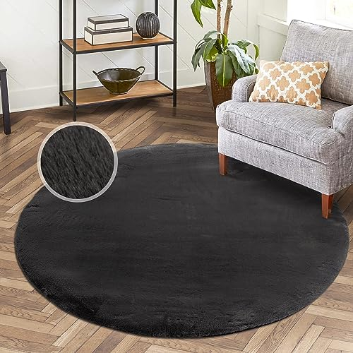 carpet city Hochflor Teppich Wohnzimmer - Einfarbig Graphit - 120x120 cm Rund - Super Soft Polyester, Samtig-Flauschiger Flor - Fell-Teppiche für Schlafzimmer, Esszimmer, Arbeitszimmer