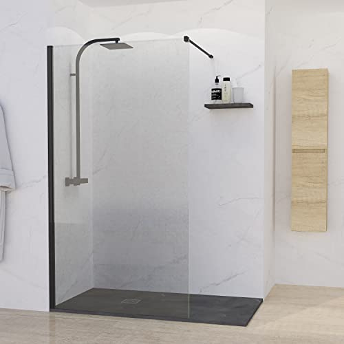 BAIKAL Mampara de Ducha. Panel Fijo de 90cm. Perfil Negro Mate. Cristal Transparente Templado 8mm de espesor. Tratamiento Antical. Alto 195 cm. Brazo adaptable 60-100cm.