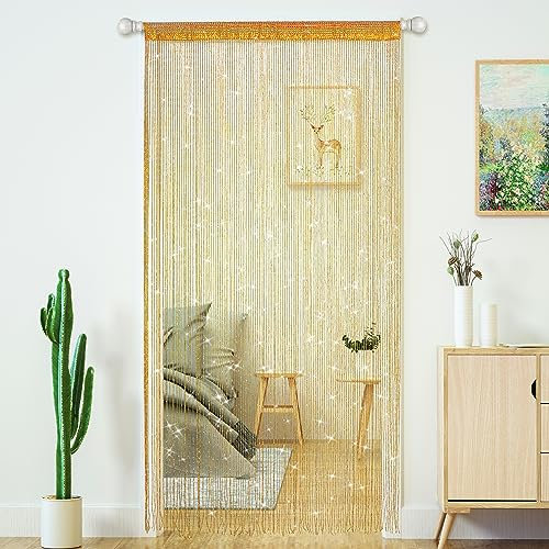 String Curtains for Doorways Glitter Beaded Curtains Door Sparkle Beads Curtain Open Closet Laundry Hanging Hippie Glisten Beads Window Girls Panel (Gold, 39×79 in)