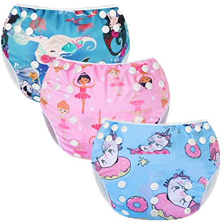 MIXIDON Wiederverwendbare Schwimmwindel verstellbar waschbar Baby-Schwimmhose Einheitsgröße Schwimmwindel Badehose für Kleinkinder von 0 bis 3 Jahren Meerjungfrau + Einhorn + Tänzerin