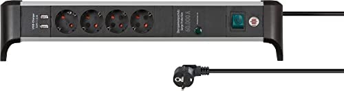 Brennenstuhl Alu-Office-Line Steckdosenleiste 4-Fach mit USB und Überspannungsschutz (Mehrfachsteckdose mit Schalter, 1,8m Kabel, 2-Fach USB 3,10A, Made in Germany)
