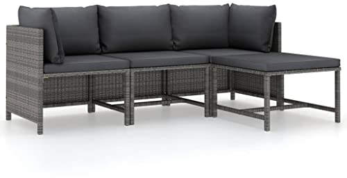 vidaXL Gartenmöbel 4-TLG. mit Kissen Mittelsofa Ecksofa Fußhocker Sofa Lounge Gartenset Gartensofa Garten Garnitur Sitzgruppe Poly Rattan Grau