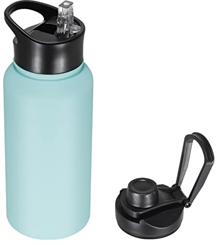 VQRRCKI 32 oz Stainless Steel Insulated Water Bottles with 2 Lids, BPA Free Reusable Metal Sports Water Bottle for Gym Travel Running Hiking Women Men, Turquoise Blue 1 Pack