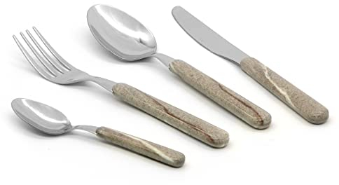 SET 24 POSATE - FORCHETTA - COLTELLO - CUCCHIAIO - CUCCHIAINO (BEIGE EFFETTO PIETRA)