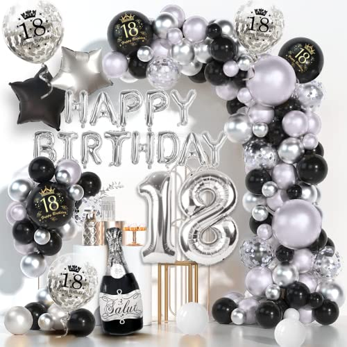 18. Geburtstag Deko für Jungen und Mädchen - Silber und Schwarz mit Happy Birthday Ballons, Luftballons und Konfetti