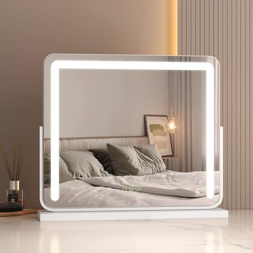 EMKE Hollywood Spiegel mit 3 Lichtfarben, Schminkspiegel mit Beleuchtung, 2-in-1 Tischspiegel & Wandspiegel, Schminktisch Spiegel, Einstellbare Helligkeit mit Memory-Funktion 60x52cm (Weiß)
