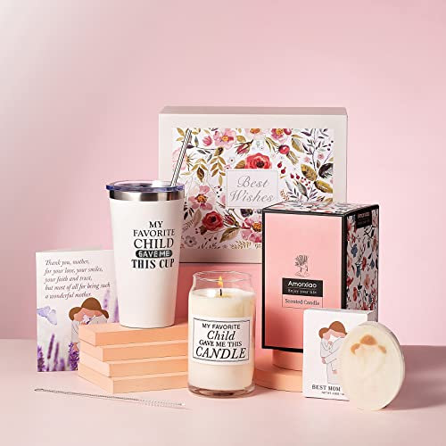 Mothers Day Gifts, Happy Birthday Mom Gifts, Gift Basket for Mom, Gift Box for Mom, Mother in Law for Mothers Day-Travel Mug, Scented Candle, Soap, Greeting Card, Socks, Bath Salt Balls, Hair Ring