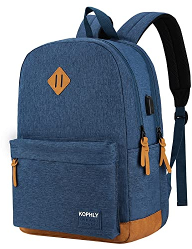 SUPACOOL Lightweight Casual Laptop Backpack with USB Charging Port For for Men and Women, Backpack for College,Navy and Brown