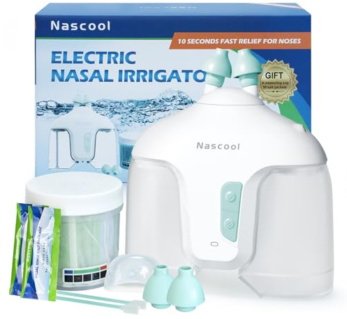 Nascool Electric Nasal Irrigation System with 50 Salt Packets, 2 Modes Nose Cleaner with SelfCleaning & Auto Waste Collection Function for Sinus Relief Runny Nose, Nasal Congestion, Itching Nose