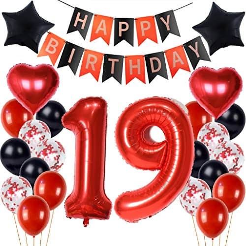 Luftballon 19. Geburtstag Mädchen Dekoration,Schwarz Rot Tortendeko Geburtstag 19 Jahre Mädchen,Party Deko 19 Mädchen,Tortendeko 19. Mädchen,Geburtstagsdeko 19 Jahre Mädchen