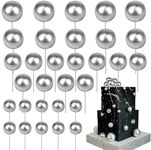 24 PCS Ball Cake Toppers Balls Cupcake Toppers Insert Foam Ball Shaped Cake Picks Mini Balloon Cake Decoration for Wedding Anniversary Baby Shower Birthday Party Cake Decorations Supplies Silver