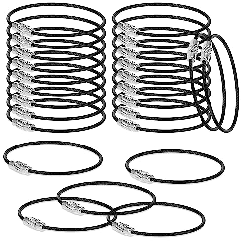 Cobee Draht Schlüsselanhänger, 25 Stück Edelstahl Drahtkabel Schlüsselring groß Nylon beschichteter Kabel Heavy Duty Gepäckanhänger Schleifen Schildhalter 2mm Twist Barrel 15cm/5.9 lang,Schwarz