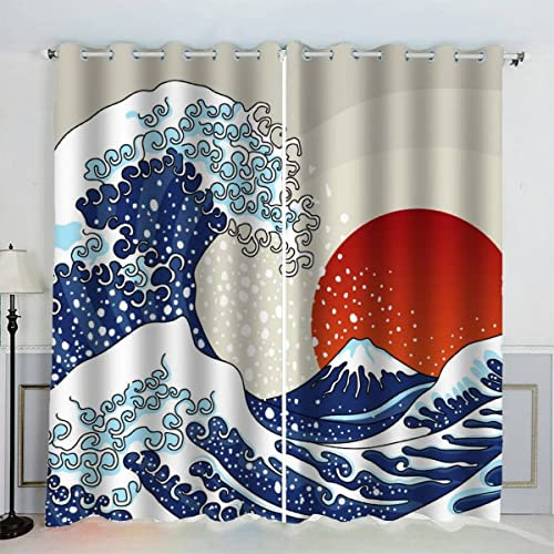 AKATIE Style Japonais Rideau Occultant Lot de 2 Chambre Enfant Fille Garcon 3D Impression Art Japonais Motif Rideaux Acoustiques Opaque Petites Fenêtres Décoration （140x160 cm）