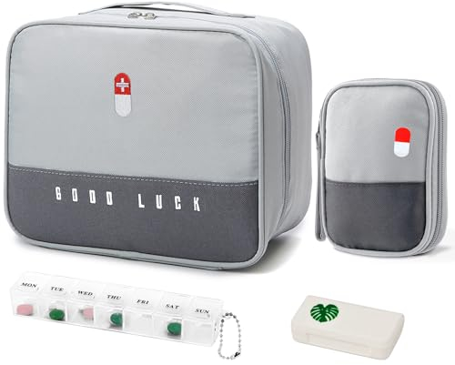 WuGU 2stk Medikament Tasche,Tragbar Medikamententasche mit 2 Stück Tablettenbox, feuchtigkeitsbeständig Medizin Aufbewahrungstasche,Reiseapotheke Tasche für Schule,Reisen, Camping und Wandern -Grau
