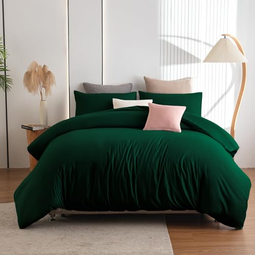 Soifox Double Duvet Cover Set - Emerald Green Bedding Set Double Bed with Zipper Closure, Soft Non Iron Microfiber Duvet Cover with 2 Pillowcases, Dark Green