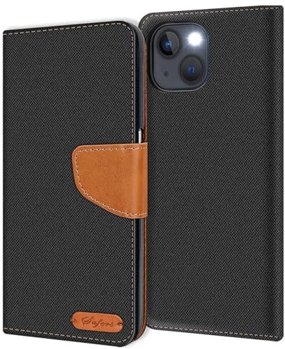 CoolGadget Textil Klapphülle für iPhone 13 Mini, Hochwertige Schutzhülle mit 3 Kartenfächern, 1 Bargeldfach und Magnetverschluss, Schwarz