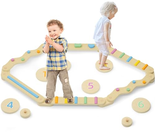 FAYDUDU Holz Kleinkinder Schwebebalken mit 6 Balanciersteine frei kombinierbar,Montessori Spielzeug für Drinnen und Draußen,Holz-Balance-Board für Kinder für Koordination und Stabilität ab 3-7 Jahren