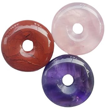 Manekieko 3 Pcs Polished Crystal Amulet Peace Circle Donut Stone Beads Supplies,Round Large Hole 7mm Lucky Coin Amulet Peace Circle Healing Crystal Pendant,Amethyst+Rose Quartz+Red Jasper