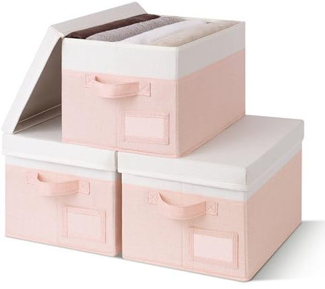 GRANNY SAYS Aufbewahren Boxen mit Deckel Stoff, 3 Stück Kisten Aufbewahrung mit Deckel für Schrank, Rosa Boxen mit Deckel Aufbewahrung, Kleiderschrank Aufbewahrungskorb, Faltbare Ordnungsboxen