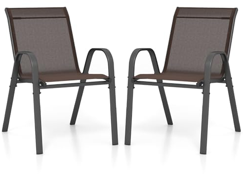 GOPLUS 2er Set Gartenstühle stapelbar, Bistrostuhl Balkonstuhl aus Textilene bis 150kg, Stapelstuhl mit Rückenlehne und Armlehn, Essstuhl Outdoor für Garten Terrassen Balkon Pool (Braun)