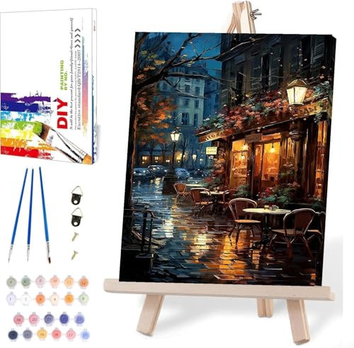 Peaceful Street Peinture par numéros pour adultes avec toile encadrée - avec chevalet en bois - Peinture par numéro sur toile - Kit de peinture à l'huile acrylique avec pinceaux - Jolie boîte cadeau