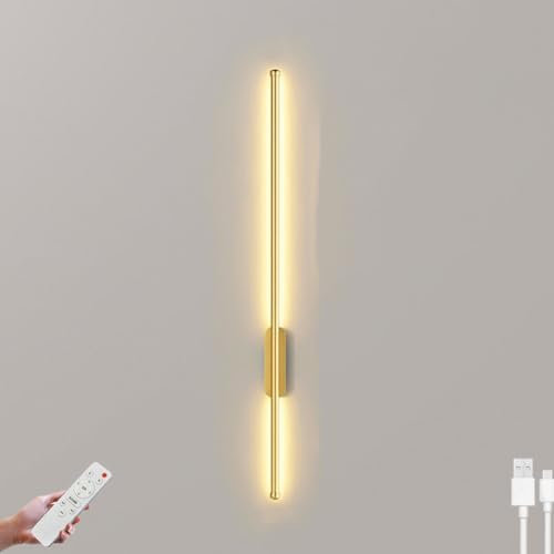 LOGT Lampada da Parete Ricaricabile per Interni Senza Collegamento Elettrico Applique Lunga a LED con Telecomando Luce da Letto Connessione Lampada da Parete Cordless Dimmerabile Lettura,D'oro,60cm