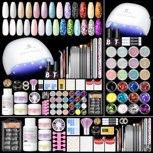 Coscelia - Set completo di unghie in acrilico con lampada per unghie, 27 unghie in acrilico professionali, kit di estensione per unghie in acrilico con gel per unghie per principianti fai da te a casa