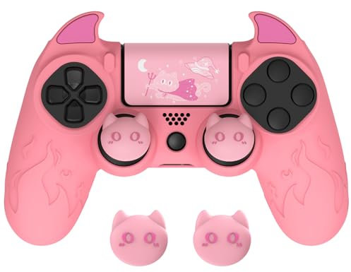 PlayVital Cute Dämon silikonhülle für ps4 Controller, Anti-Rutsche Schutzhülle Cover Skin für ps4 Controller, Protector Case für Playstation 4 Slim/Pro Controller-Rosa