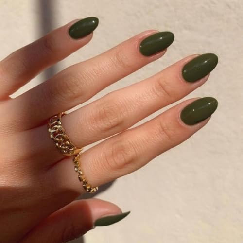 Olive Green False Nails Short Oval, SXVME Simple Acrylic Press on Nails Short, Green Fake Nails Short, Natural Solid Gel Full Cover Almond Glue on Nails For Women Daily Wear