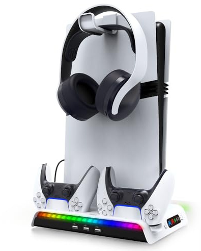 Support de Charge avec Ventilateur de Refroidissement pour PS5 Pro /PS5 Slim Digital/Disc Console, Support de Charge pour Manette, Support Vertical avec Crochet pour Casque d'écoute et 9 lumières RGB