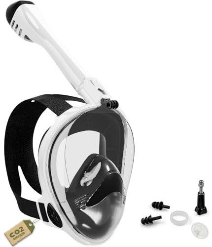 Schnorchelmaske Erwachsene Vollgesichtsmaske – CO₂ sicher Wasserdicht & Beschlagfrei Tauchmaske mit Kamera Halterung – Tauchermaske mit Tragetasche & Ohrstöpsel (weiß, L-XL)