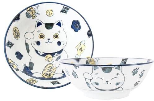 Mino ware Japanese Pottery Pair Ramen Noodle Donburi Bowl (set of two) made in Japan KND213 (Lucky Cat Navyblue)
