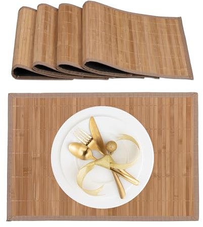 Relaxdays Tischset, 4er Set, Bambus, Stoffrand, rutschhemmend, 45x30 cm, Teller, Esstisch, eckiges Platzset, Natur
