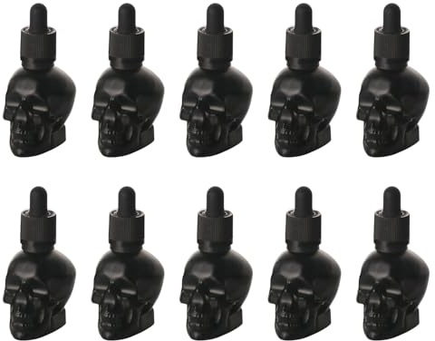 Lot de 10 flacons compte-gouttes noirs en forme de crâne amer avec bouchon de sécurité pour les enfants, bouteilles en verre en forme de crâne rechargeables pour liquides de bricolage, jus, parfum