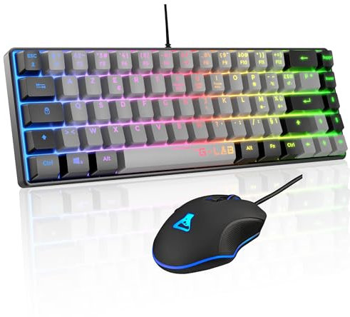 The G-Lab - Combo Hydrogen - Pack Clavier Souris Gamer, Clavier Gamer 65% Filaire, Rétroéclairage RGB, azerty, Format Compact + Souris Gaming RGB, 6 Boutons, 6400 DPI - PC/PS4/PS5 – Gris/Noir