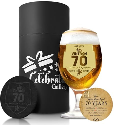 Celebration Gallery Beer Glasses Gifts – Personalised Gifts Custom Mug with Leather Coaster – 400ml Pint Glasses Beer Gifts for Men – Food-Grade Glass Mugs for Men in Elegant Gift Box (70TH)