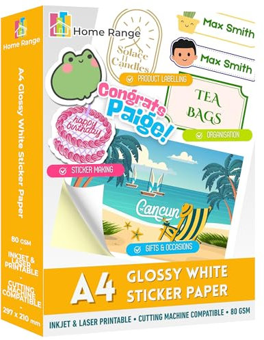 Home Range 50 hojas de papel autoadhesivo brillante A4, etiquetas adhesivas A4 imprimibles en color blanco, compatibles con impresoras de inyección de tinta y láser para el hogar, oficina y proyectos