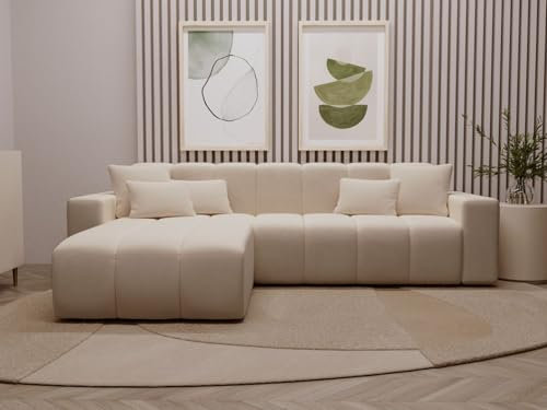 GRAINGOLD Nork Ecksofa 265x180 cm, L-Form Sofa, Ecksofa für Wohnzimmer, Velour, 4-Sitzer Eckcouch, Modernes Design (Beige, Links)