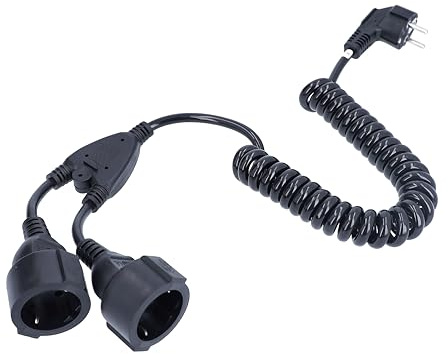 as - Schwabe Cable Espiral de 2 m a 4 m - 2 enchufes Schuko - 230 V, 16A - Cable Espiral elástico con Enchufe de conexión a Tierra - Cable de extensión - Tomas de 2 vías - IP20 - Negro, 70433
