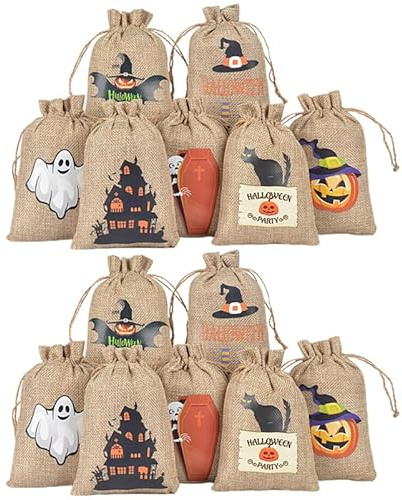 iplusmile Halloween Kordelzugbeutel 24 Stück Jute Geschenktüten Mit Geist Kürbis Motiv Für Süßigkeiten Party Geschenkbeutel