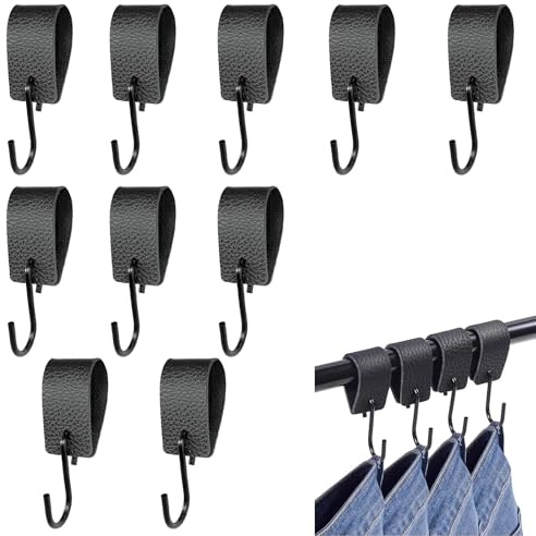 hautllaif S Haken Schwarz – 10 Stück S-förmige Haken mit Lederschlaufe, Metall Kleiderhaken für Garderobe, Küche, Bad, Schlafzimmer, Büro, platzsparende Aufhängehaken