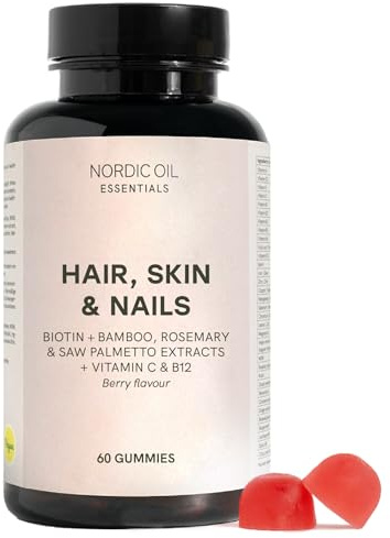 Haut, Haare & Nägel Fruchtgummis | Mit Biotin, Vitamin C & B12 | Mit Bambus-, Rosmarin- & Sägepalmenextrakt | Für kräftiges Haar & strahlende Haut | Vegan, zuckerfrei & laborgeprüft | Nordic Oil