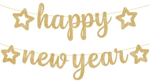 Mavouri Glitzer Happy New Year Girlande Gold, Girlande Silvester Deko 2026 Gold, Deko Silvester 2026 Banner, Happy New Year Deko Girlanden, Neujahr Deko Banner für Silvesterdeko, New Year Decoration