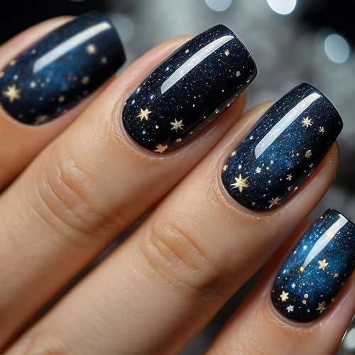 24PCS Starry River Press On Nails - Short Square French Tip in Dark Blue & Glitter - Reusable Stick On Nails for Women - Quick Apply Art with Dot Pattern - Acrylic Material & Accessory Tools